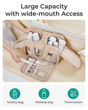 BAGSMART toiletry bag in travel setting beside suitcase illustrating travel-ready convenience