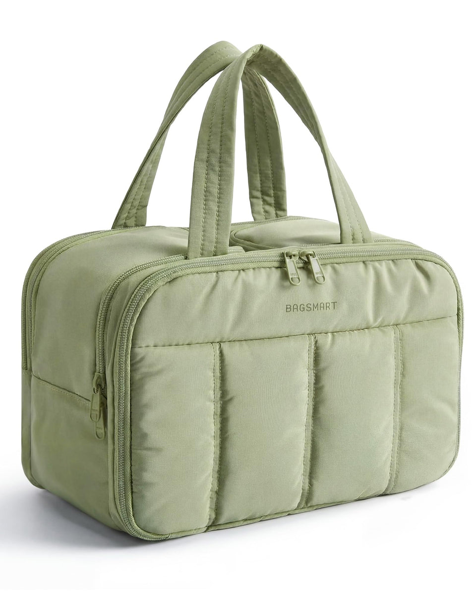 BAGSMART front view showing zippers and green puffy exterior for stylish protection