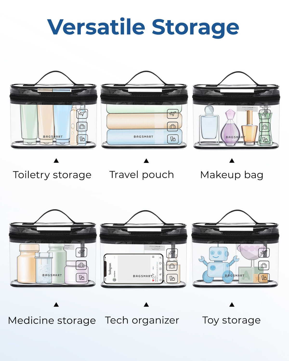 BAGSMART bag beside passport and phone showing quart-size scale for carry-on compliance