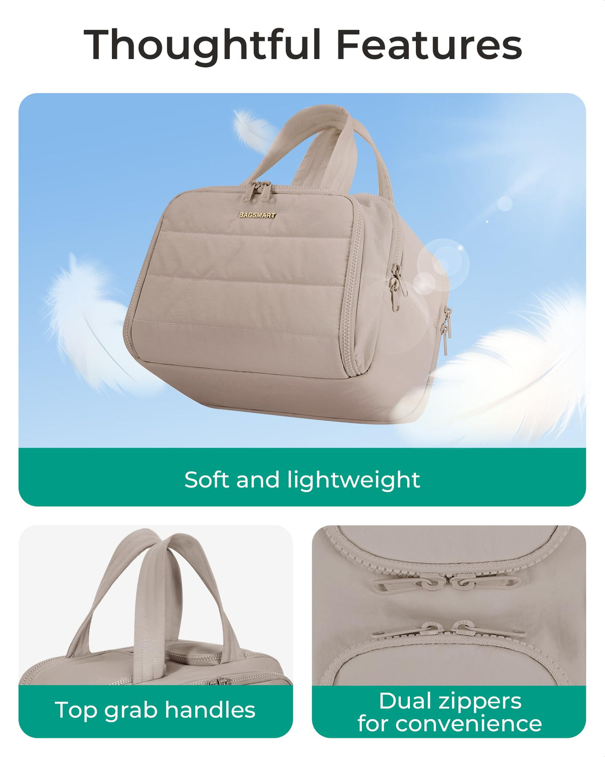 BAGSMART next to common toiletries showing true size and generous capacity