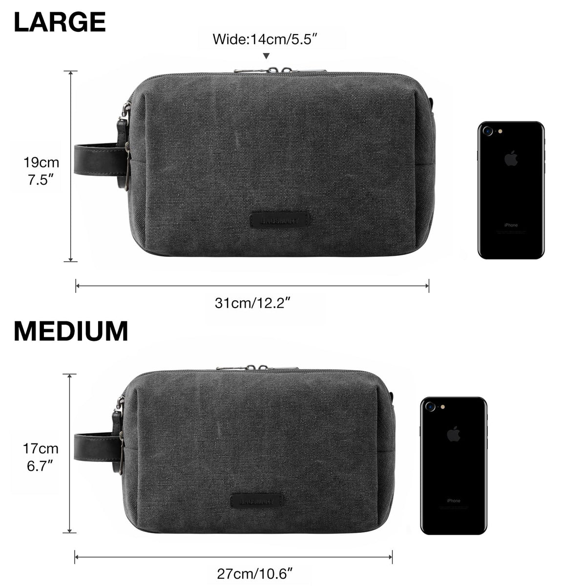 BAGSMART packed toiletry bag next to toiletries showing large size capacity and travel readiness
