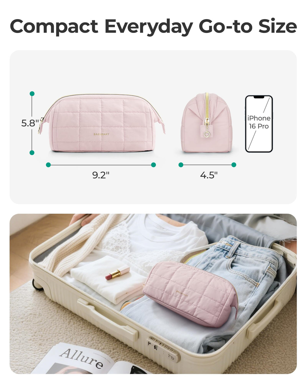 BAGSMART held in hand showing size and travel-friendly scale
