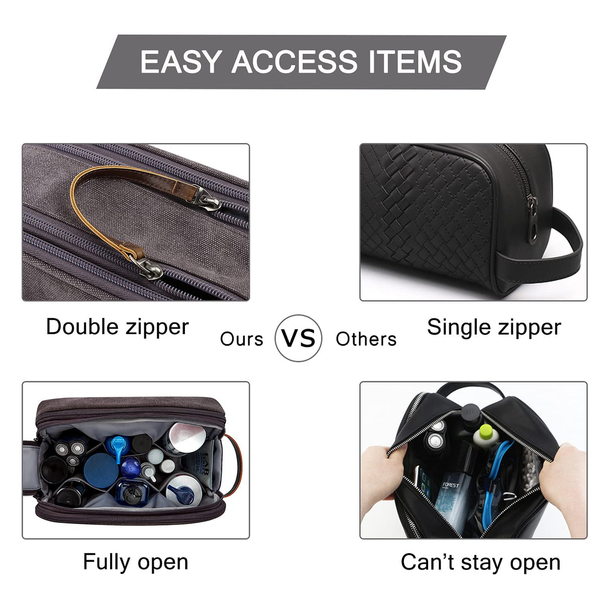 BAGSMART bag next to full-size shampoo and shaving cream to show large-capacity scale