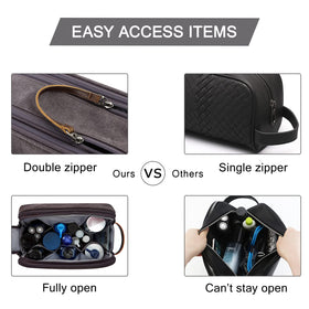 BAGSMART bag next to full-size shampoo and shaving cream to show large-capacity scale