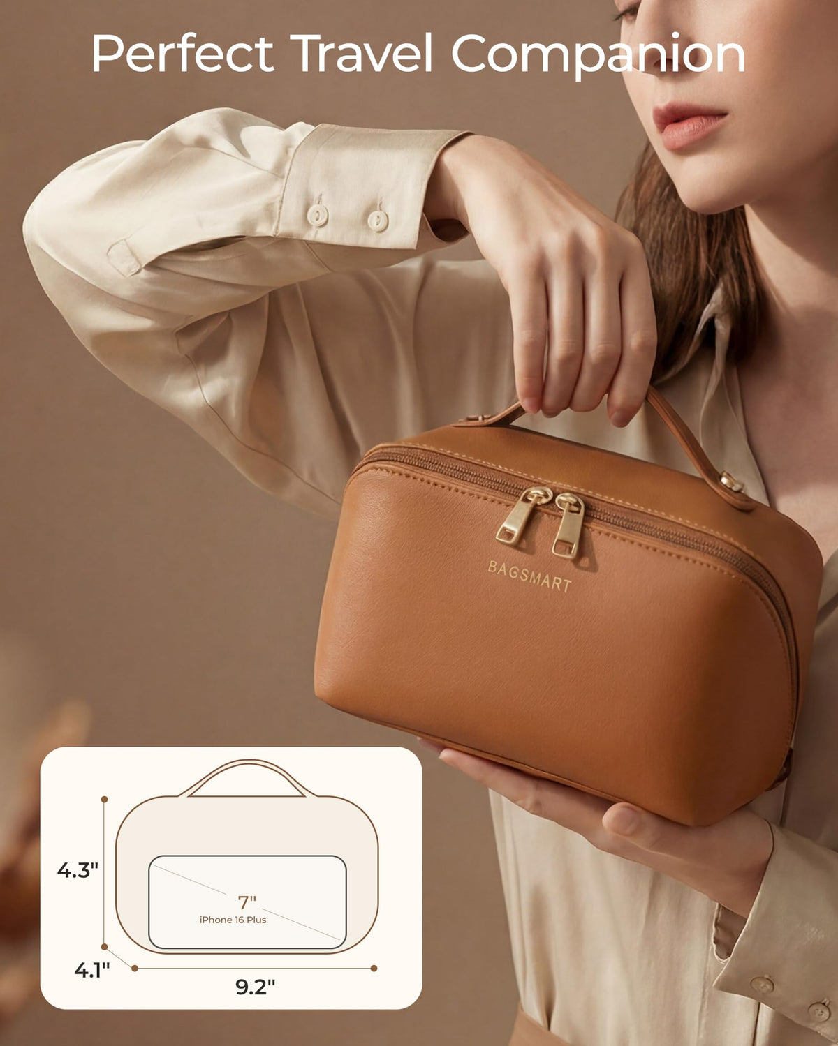 BAGSMART size comparison beside passport illustrating compact travel fit