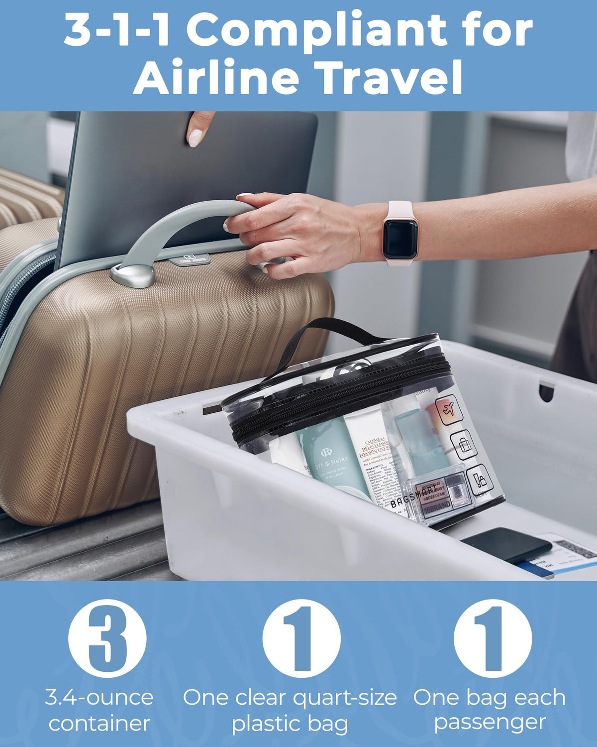 BAGSMART size comparison with quart bottle showing TSA-compliant carry-on fit