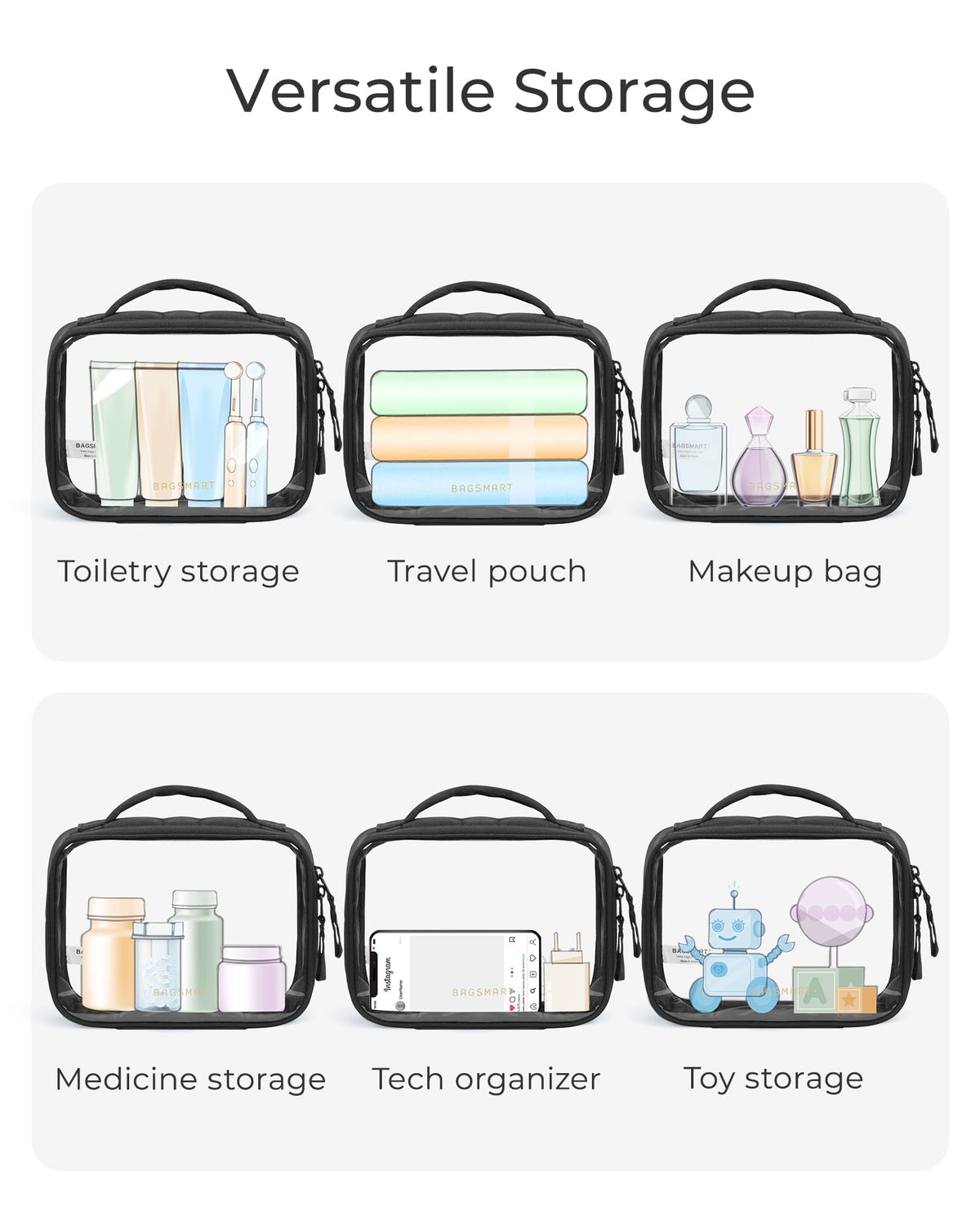 BAGSMART with four 3.4 oz bottles illustrating TSA 3-1-1 size fit