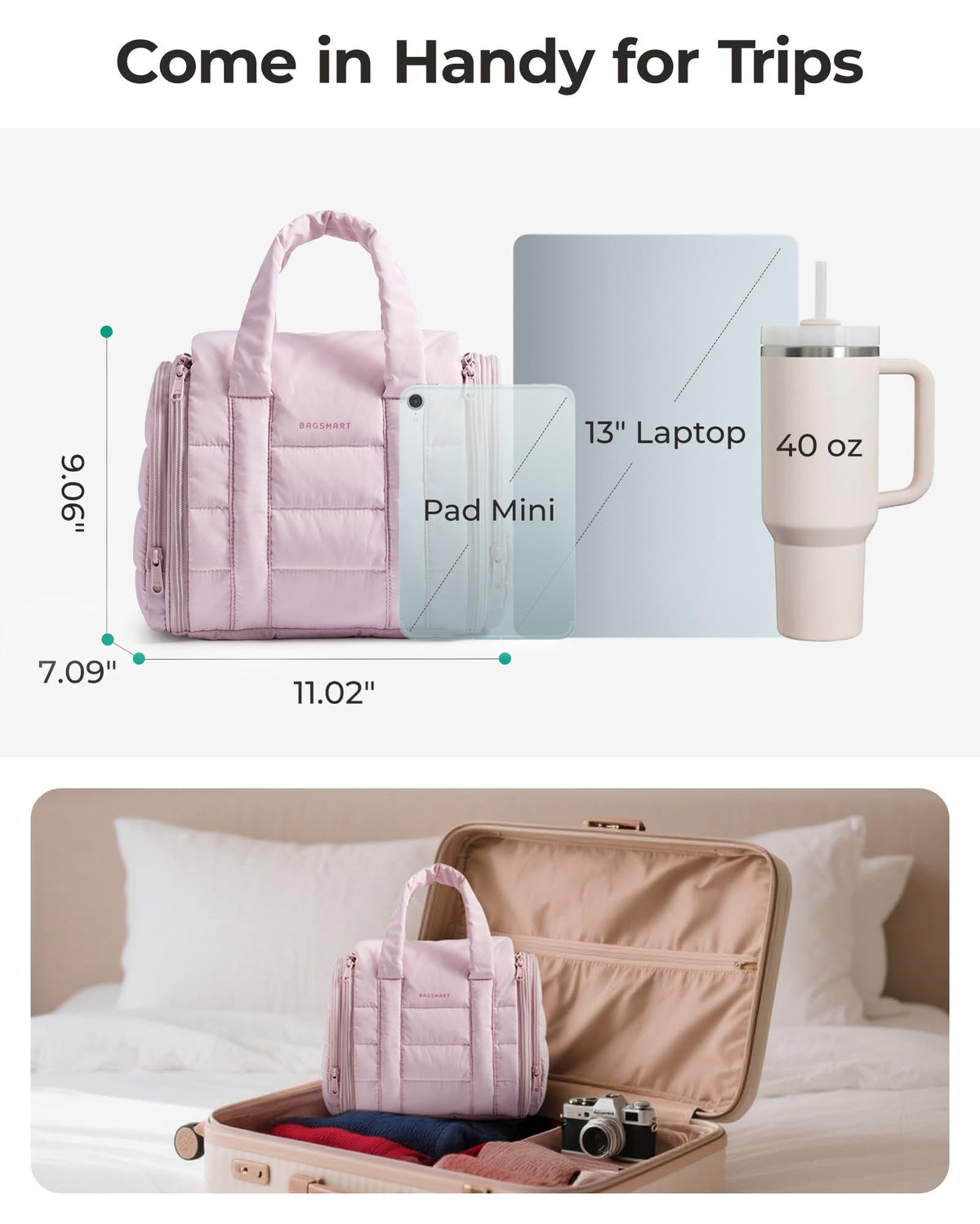 BAGSMART next to full-sized toiletries showing capacity and real-world scale
