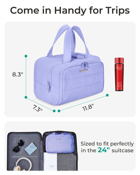BAGSMART next to toiletries for scale showing large capacity and packing convenience