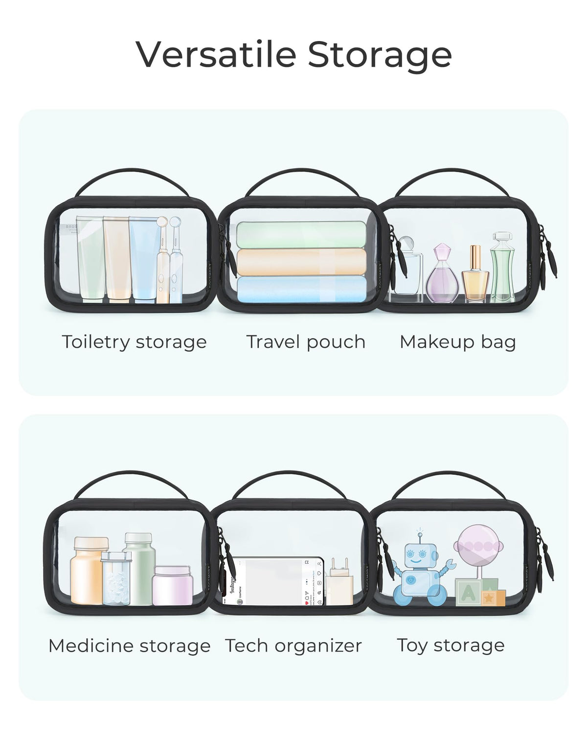 BAGSMART bag next to passport showing quart size for TSA compliance