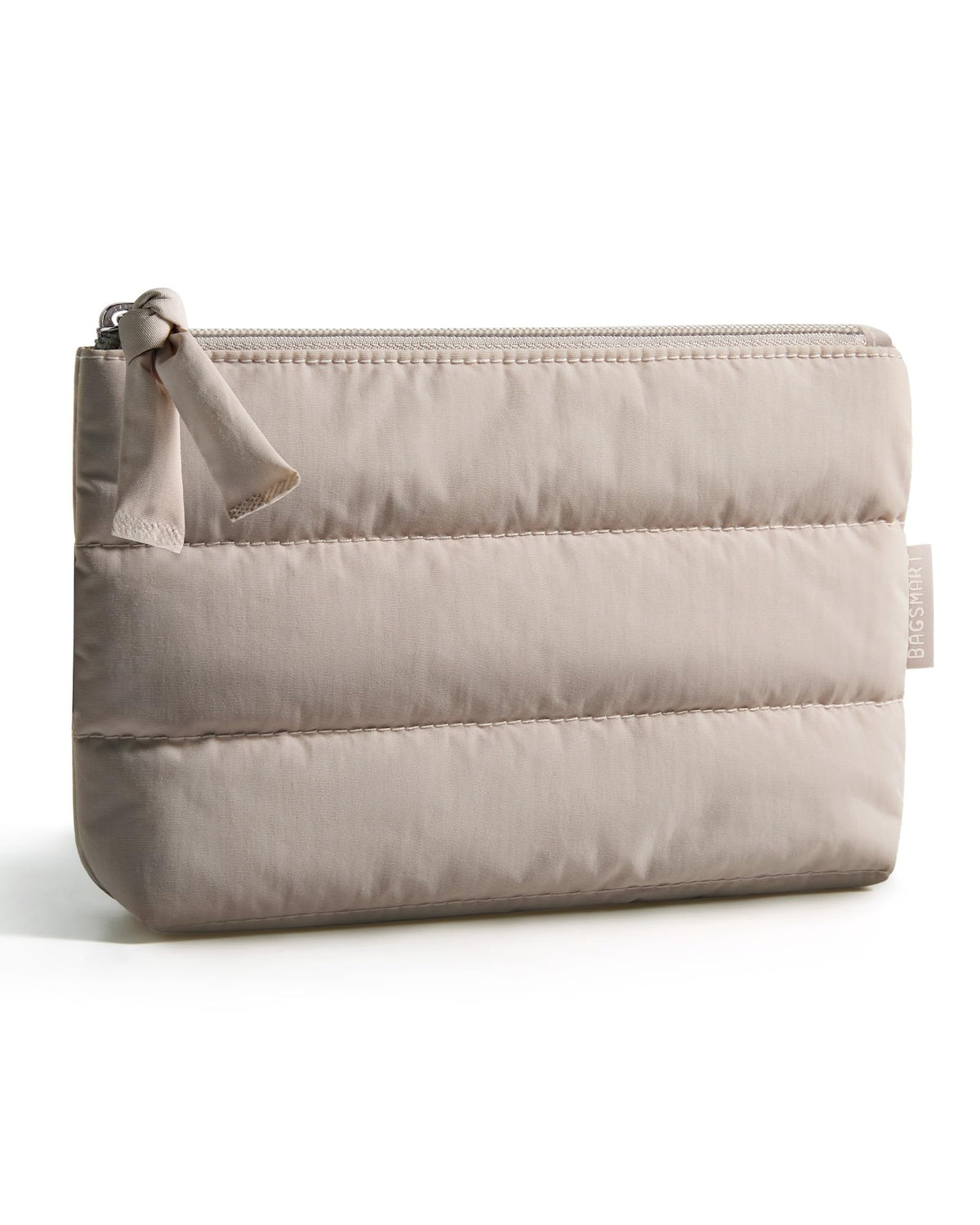 BAGSMART front view of camel small makeup bag showing compact shape and style benefit
