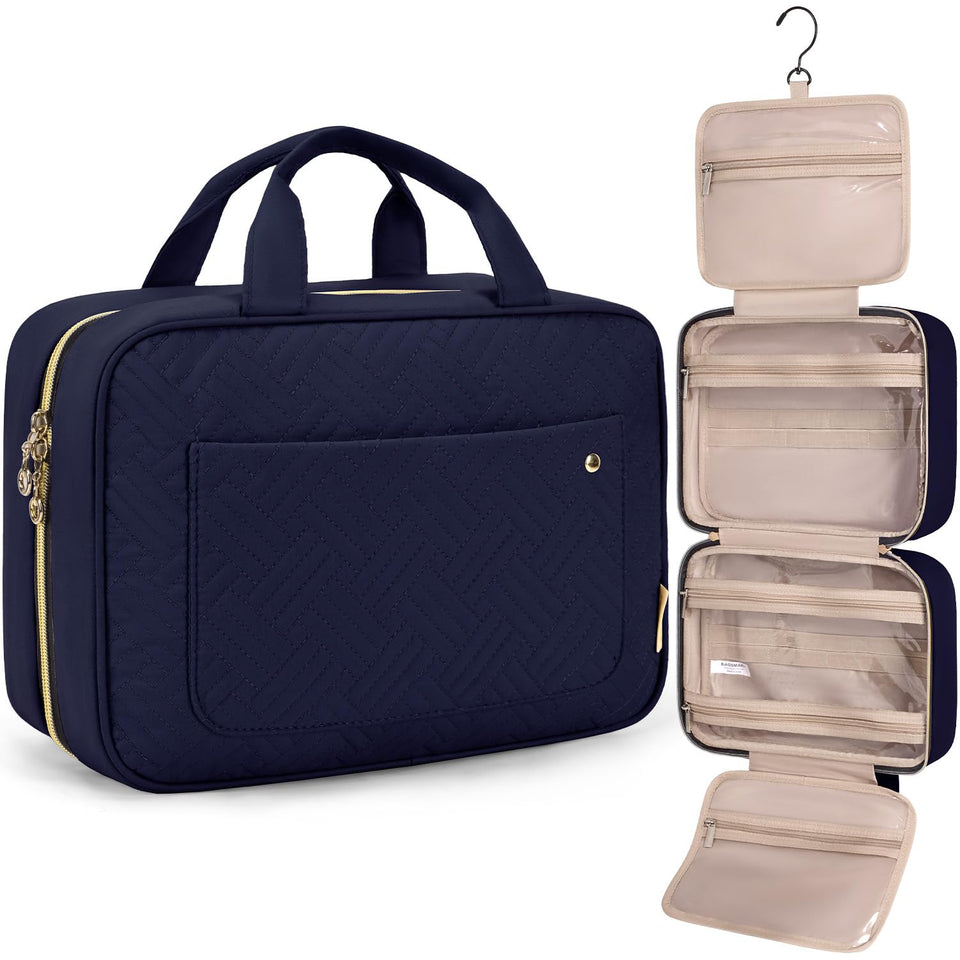 BAGSMART front view showing compact smokey blue toiletry bag and handle benefit