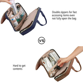 BAGSMART bag on travel suitcase in hotel bathroom showing space-saving organization benefit