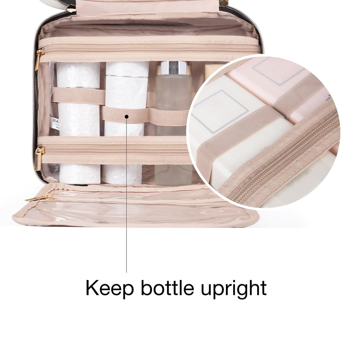 BAGSMART elastic straps holding full-size bottles upright, prevents tipping