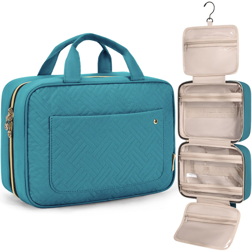 BAGSMART teal front view showing zip compartments and carry handle for organized travel