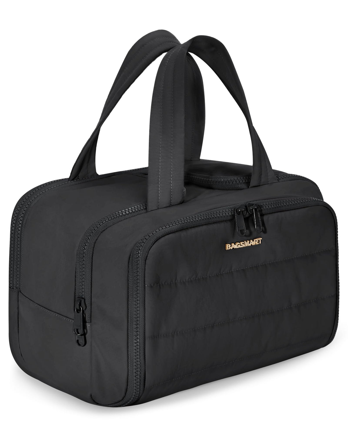 BAGSMART front view of black puffy toiletry bag showing roomy exterior and handle benefit: easy carry