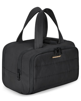 BAGSMART front view of black puffy toiletry bag showing roomy exterior and handle benefit: easy carry
