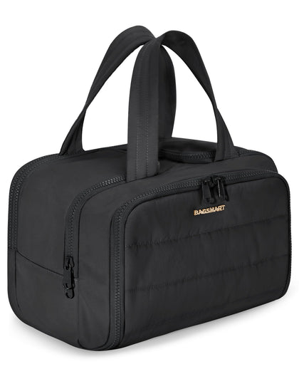 BAGSMART front view of black puffy toiletry bag showing roomy exterior and handle benefit: easy carry