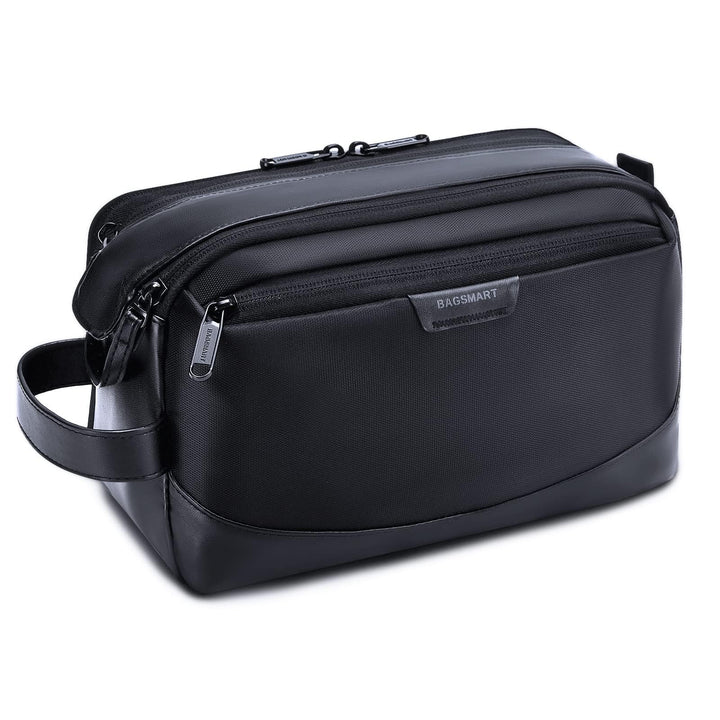 BAGSMART front view of black toiletry bag showing upright structure and sleek finish for organized travel