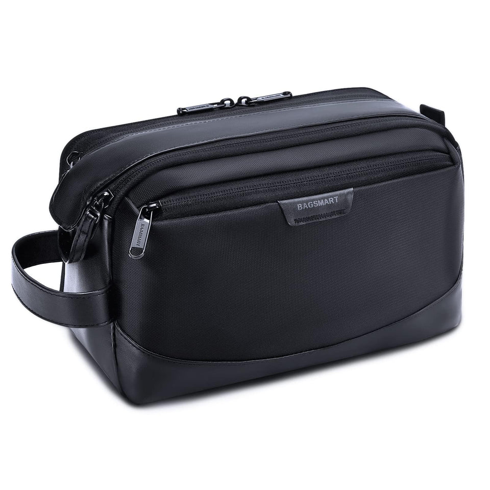 BAGSMART front view of black toiletry bag showing upright structure and sleek finish for organized travel