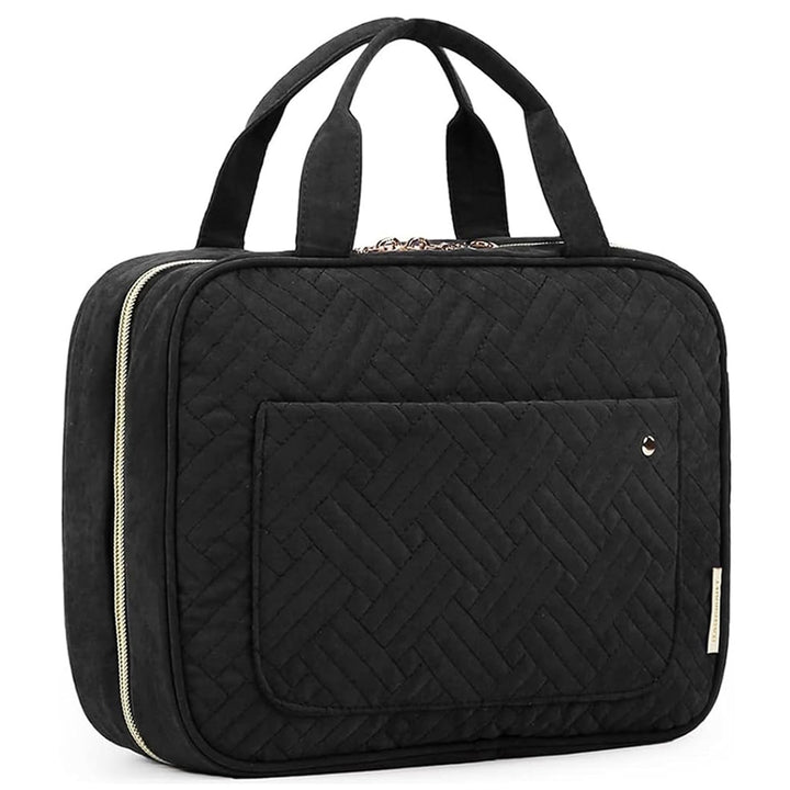BAGSMART front view of black toiletry bag showing compact design and quick grab handle