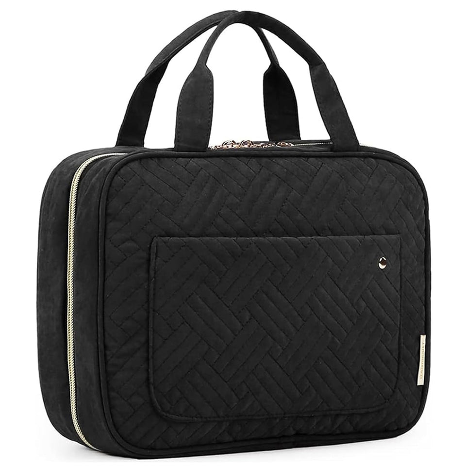 BAGSMART front view of black toiletry bag showing compact design and quick grab handle