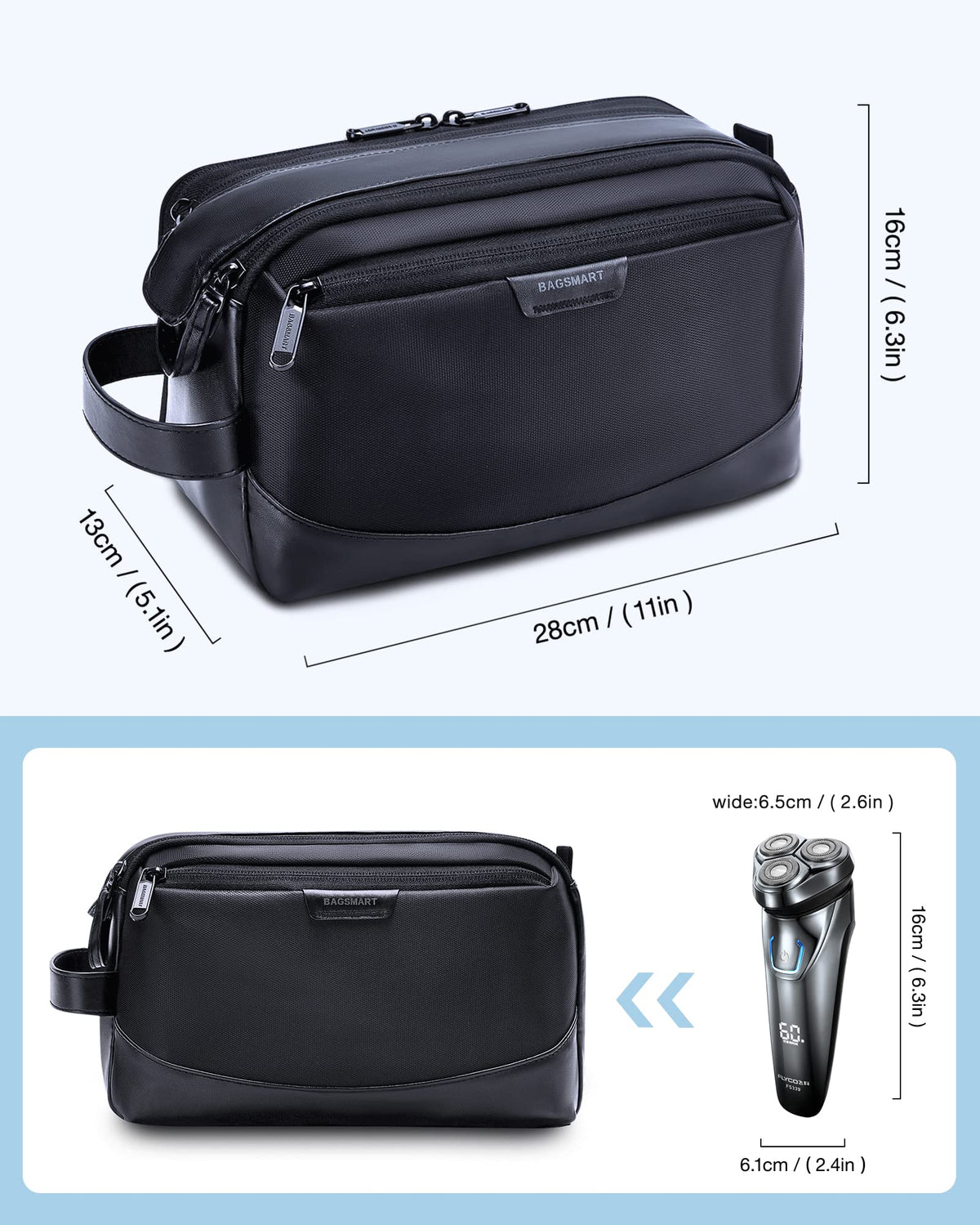 BAGSMART toiletry bag packed and shown next to suitcase to illustrate travel-ready size and capacity