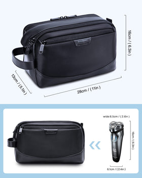 BAGSMART toiletry bag packed and shown next to suitcase to illustrate travel-ready size and capacity