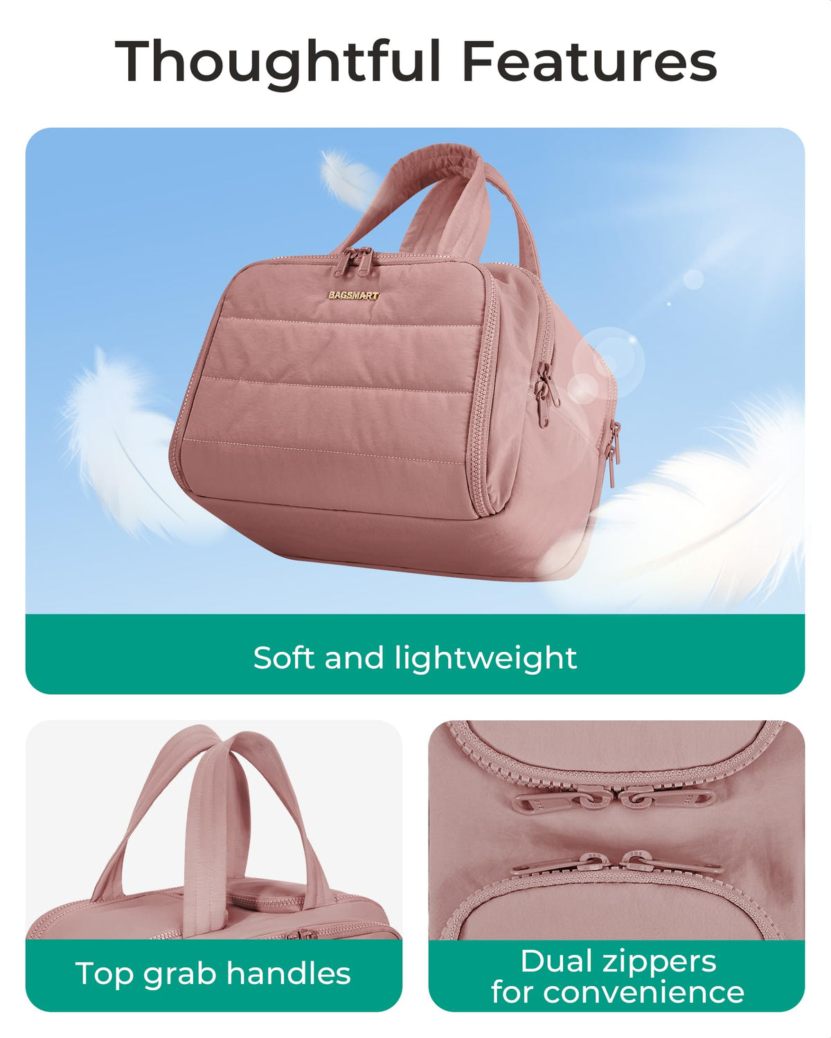 BAGSMART top handle and dual zipper detail for easy carry and full opening