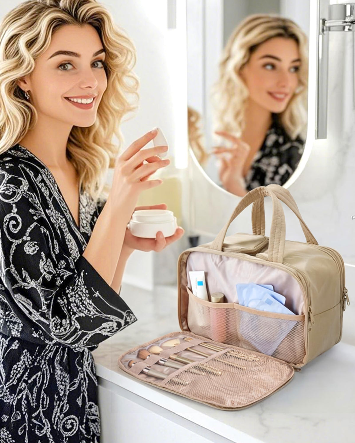 BAGSMART top-open view with bottles upright using elastic straps