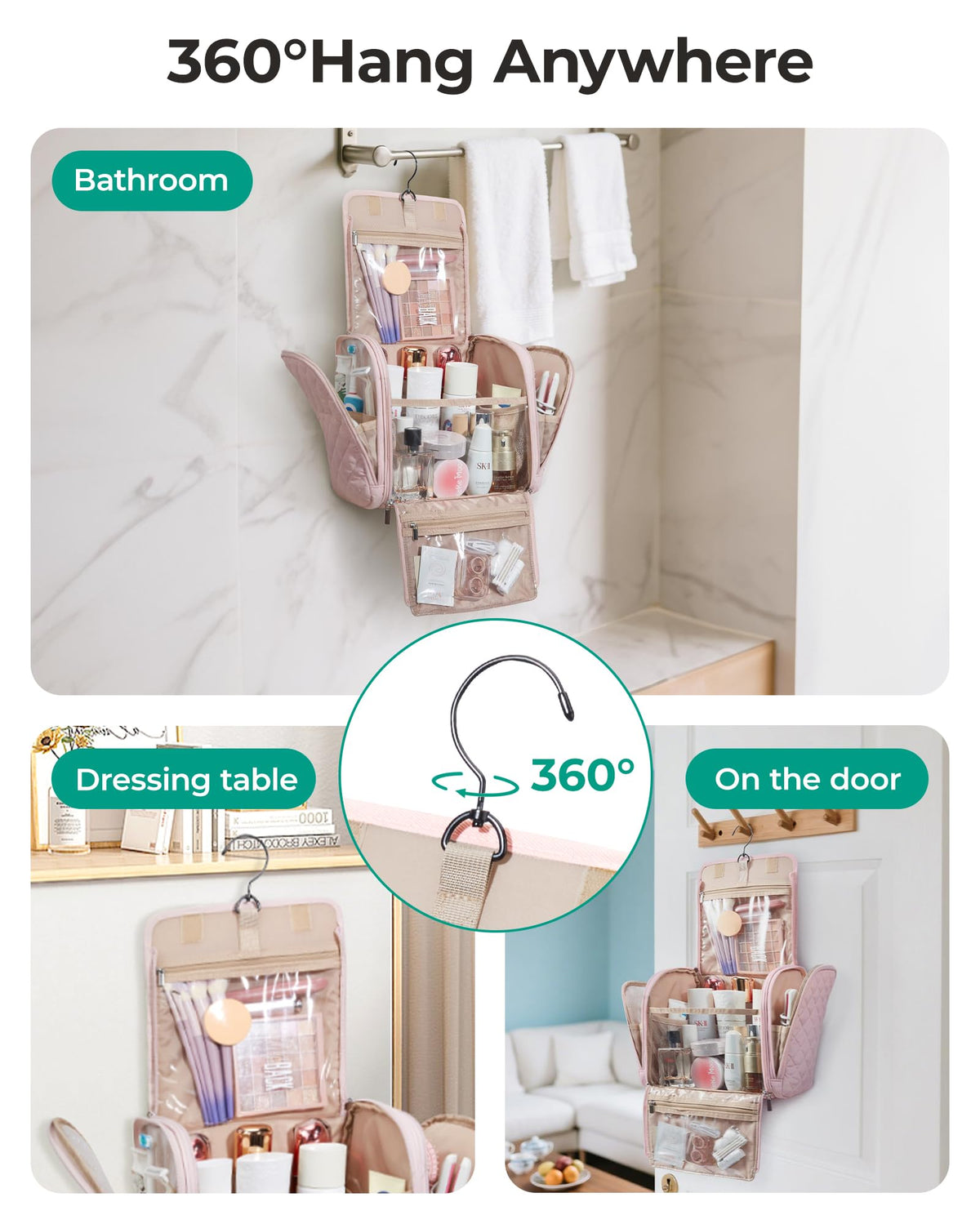 BAGSMART transparent pockets filled with toiletries for quick visual access