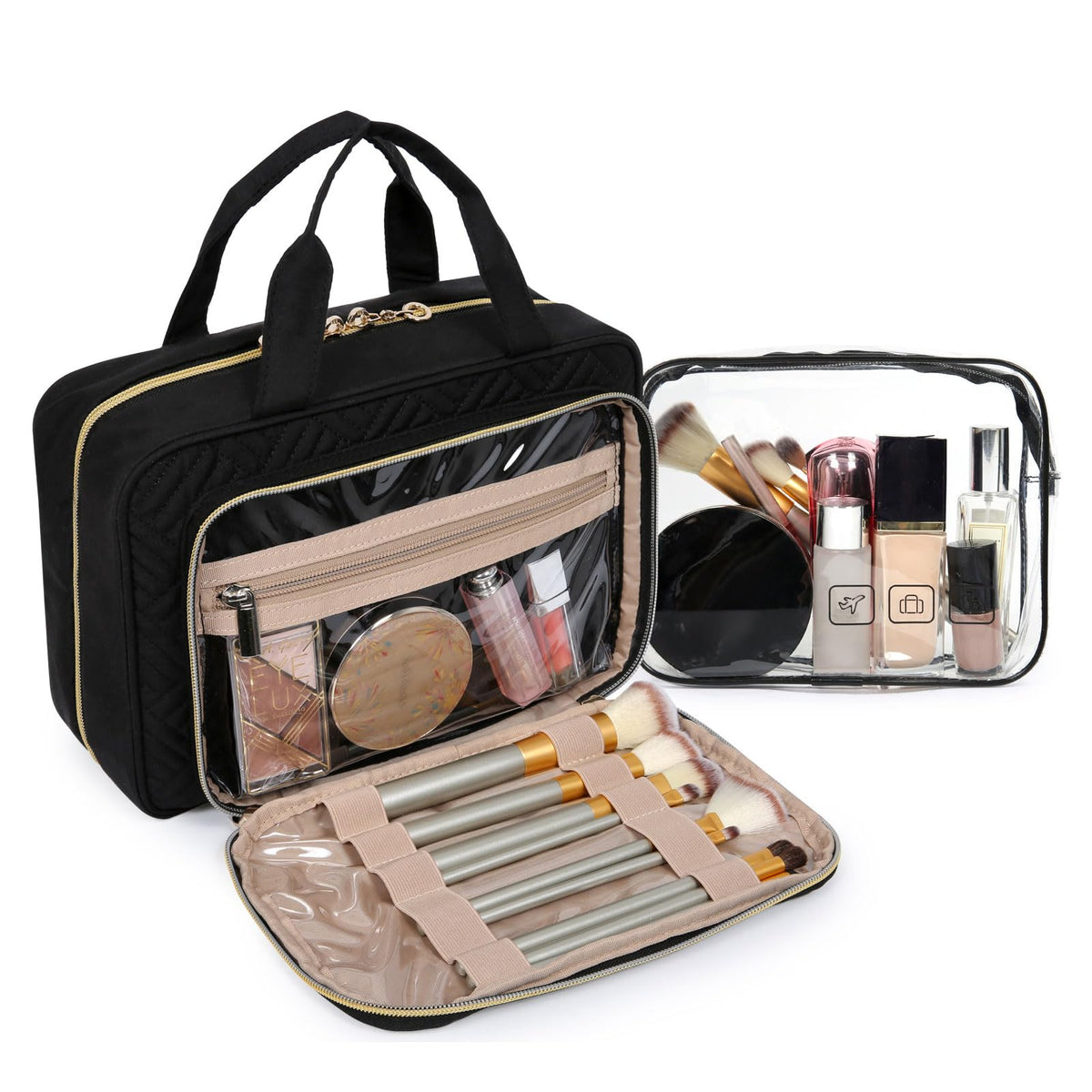 BAGSMART clear TSA-approved pouch with bottles visible for quick security screening benefit