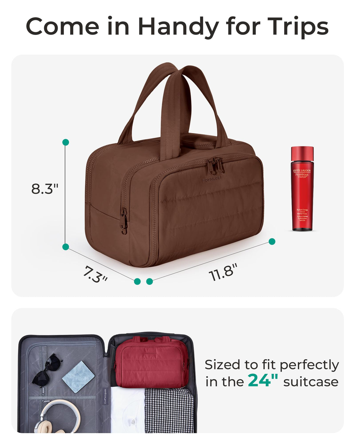 BAGSMART middle compartment with upright bottles preventing spills during travel