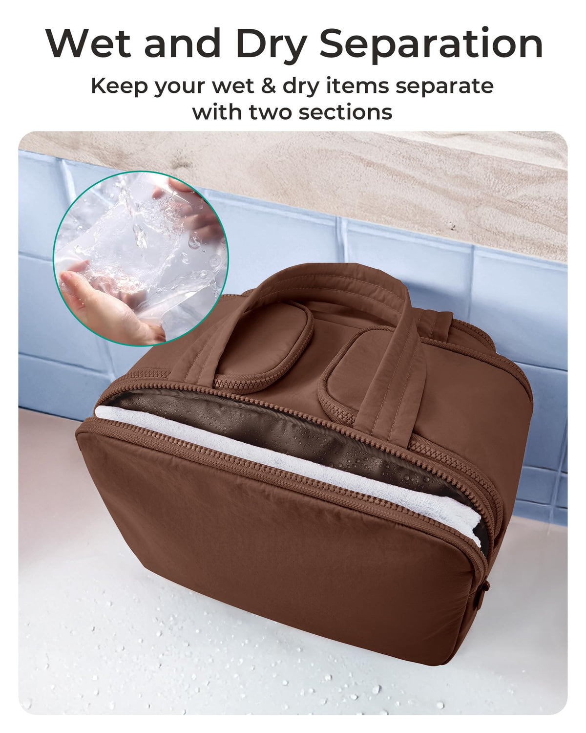 BAGSMART waterproof front pocket detail protecting dry items from wet contents