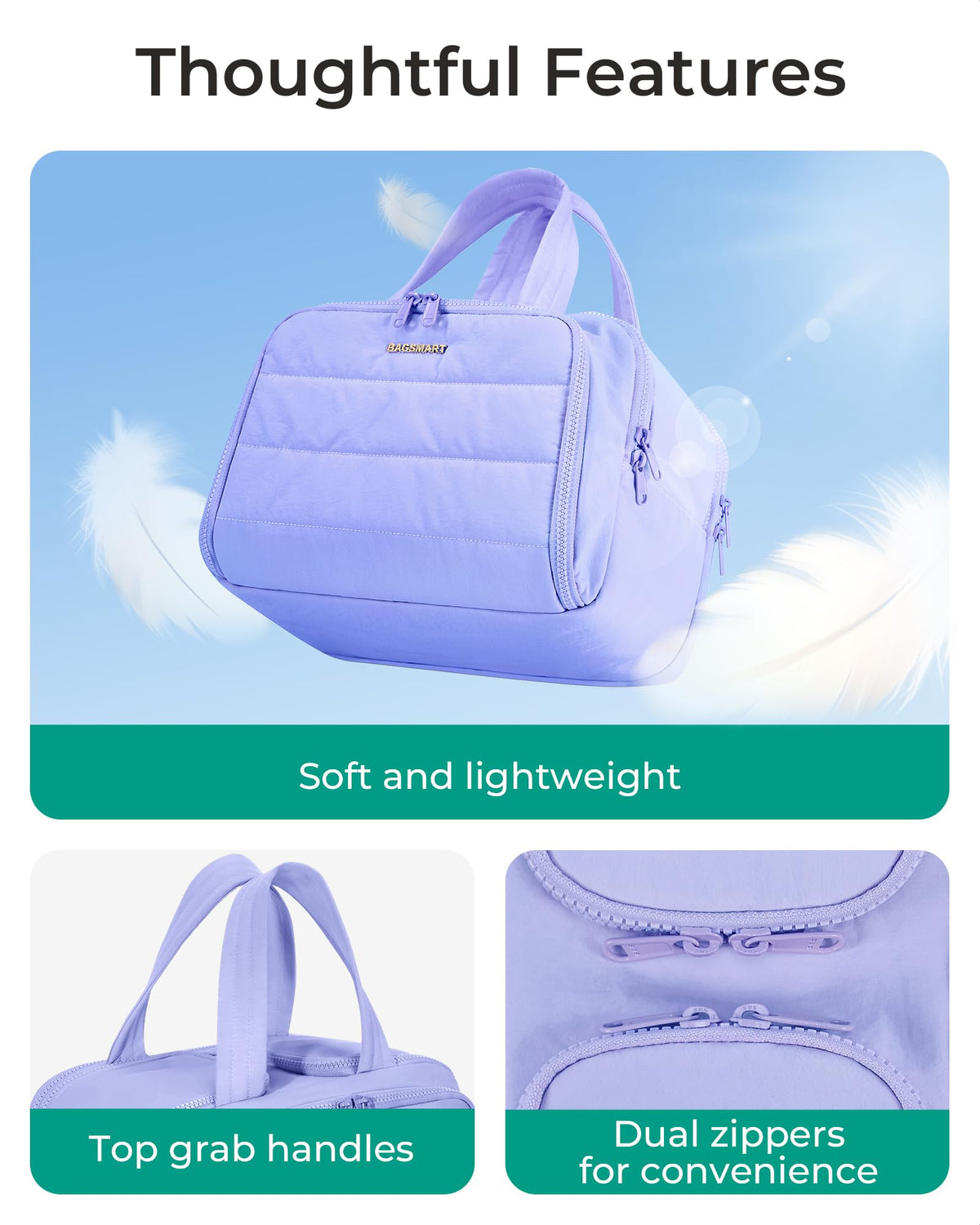 BAGSMART waterproof front zip pocket detail keeping wet items separate and easy to clean