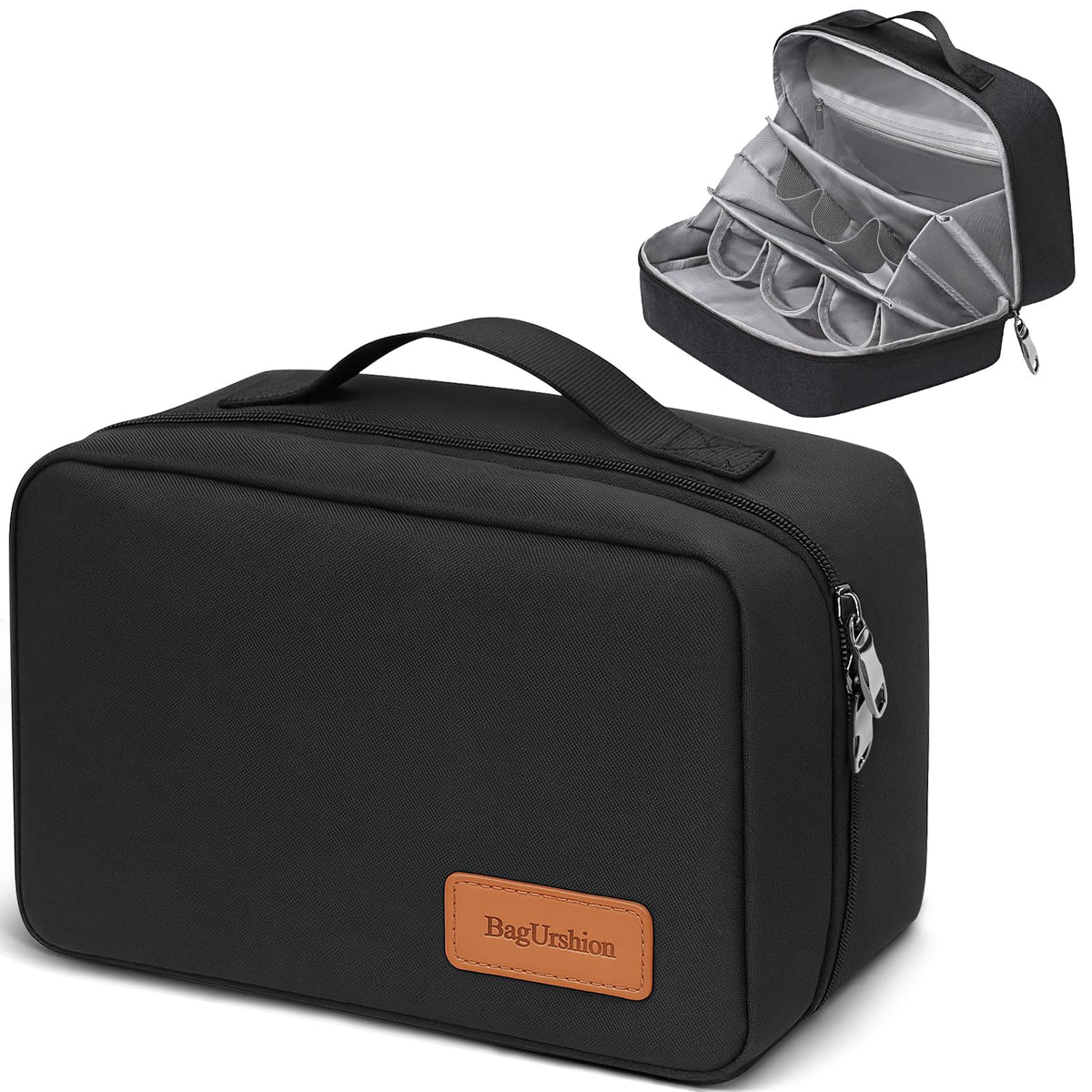 BagUrshion front view of black toiletry bag showing compact organization benefit