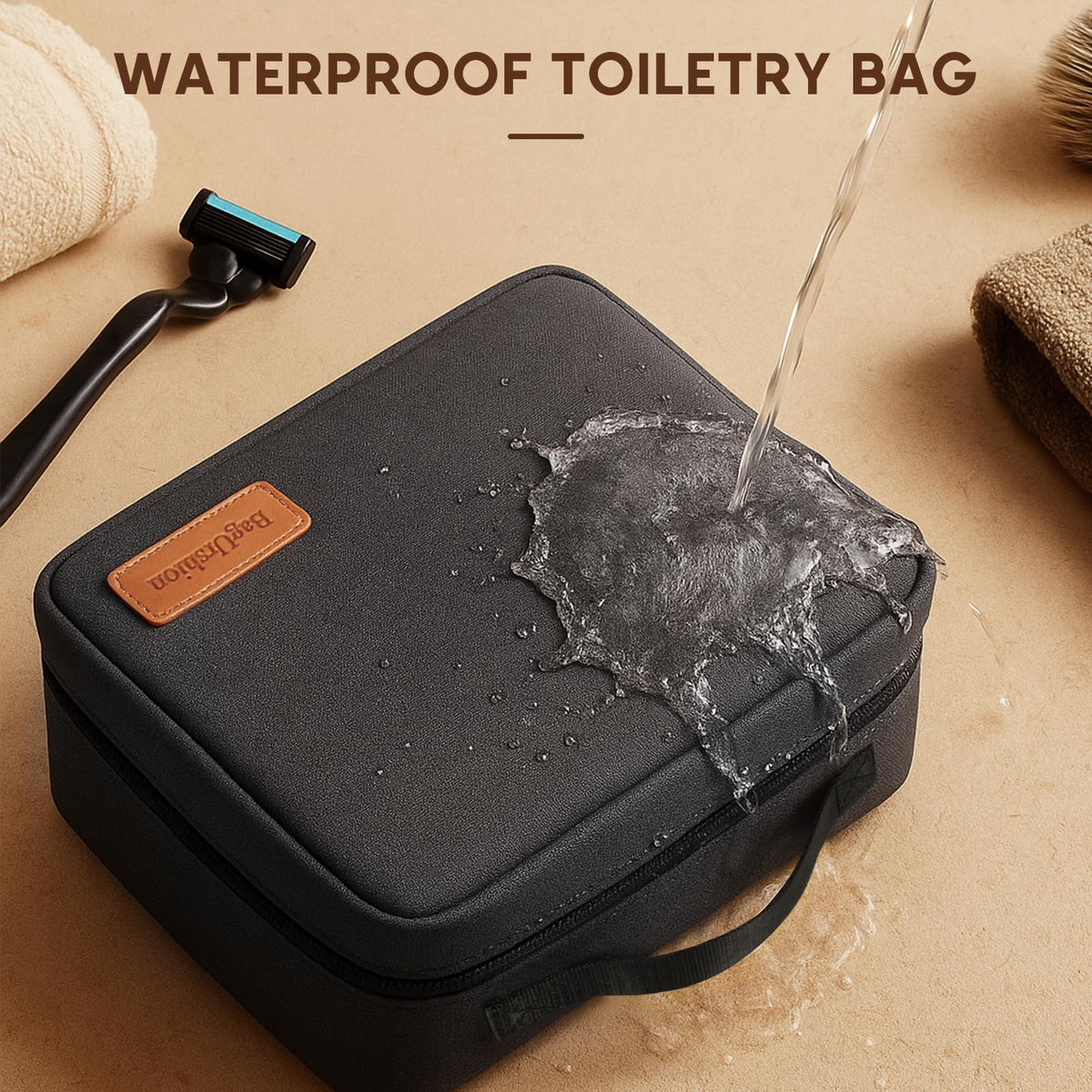 BagUrshion interior elastic pockets holding bottles to keep toiletries upright