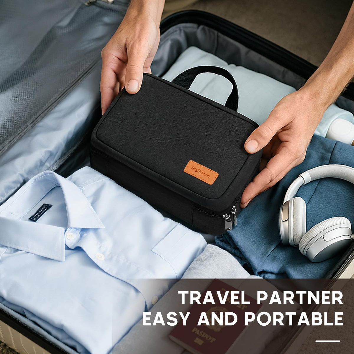 BagUrshion toiletry bag packed inside luggage at airport for travel convenience