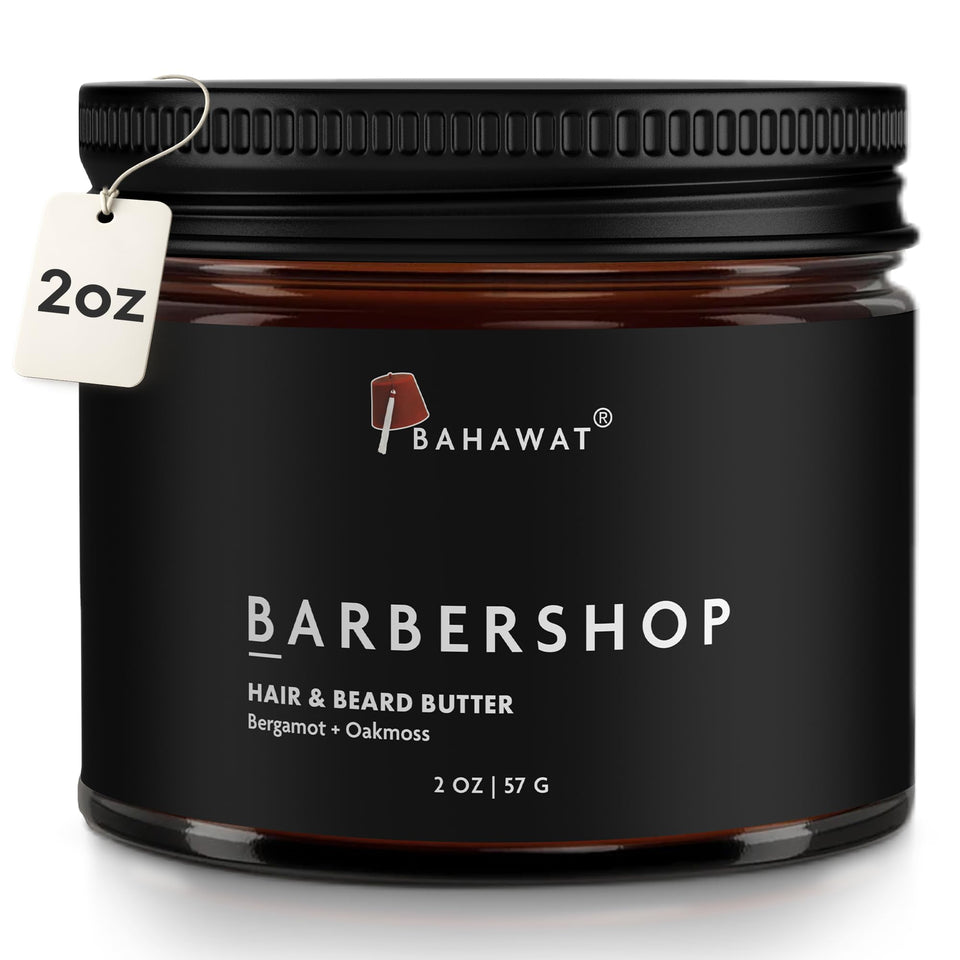 BAHAWAT jar front view showing barbershop scent and compact size benefit
