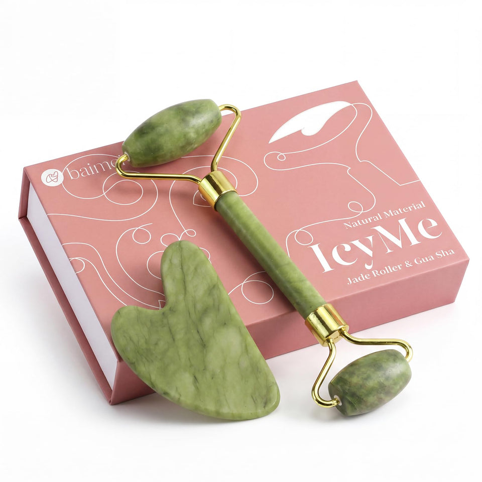 BAIMEI front packaging showing jade roller and gua sha, elegant gift presentation