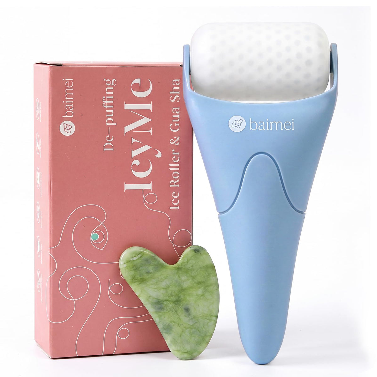 BAIMEI IcyMe face roller front view showing cooling head and handle for de-puffing