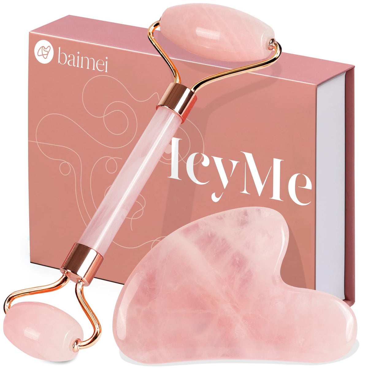 BAIMEI front packaging showing the rose quartz set and gift-ready box, promotes thoughtful gifting