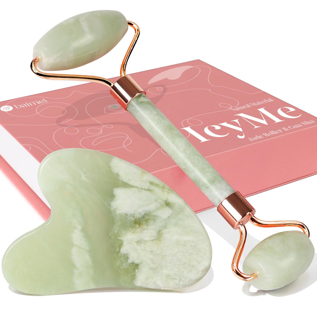 BAIMEI gua sha pressed along jawline to demonstrate lifting and contouring support