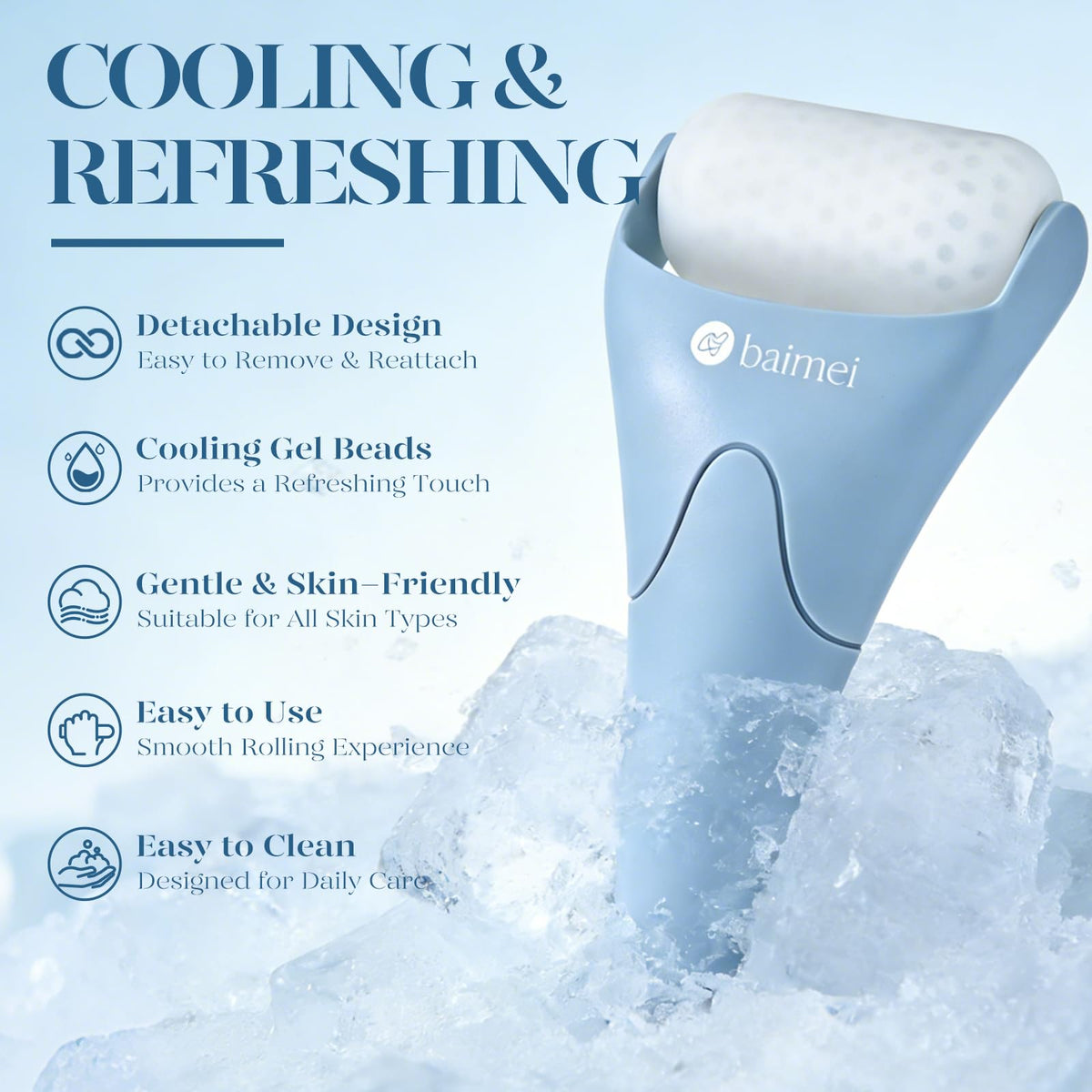 BAIMEI ice roller close-up on chilled head and cap to highlight long-lasting coolness