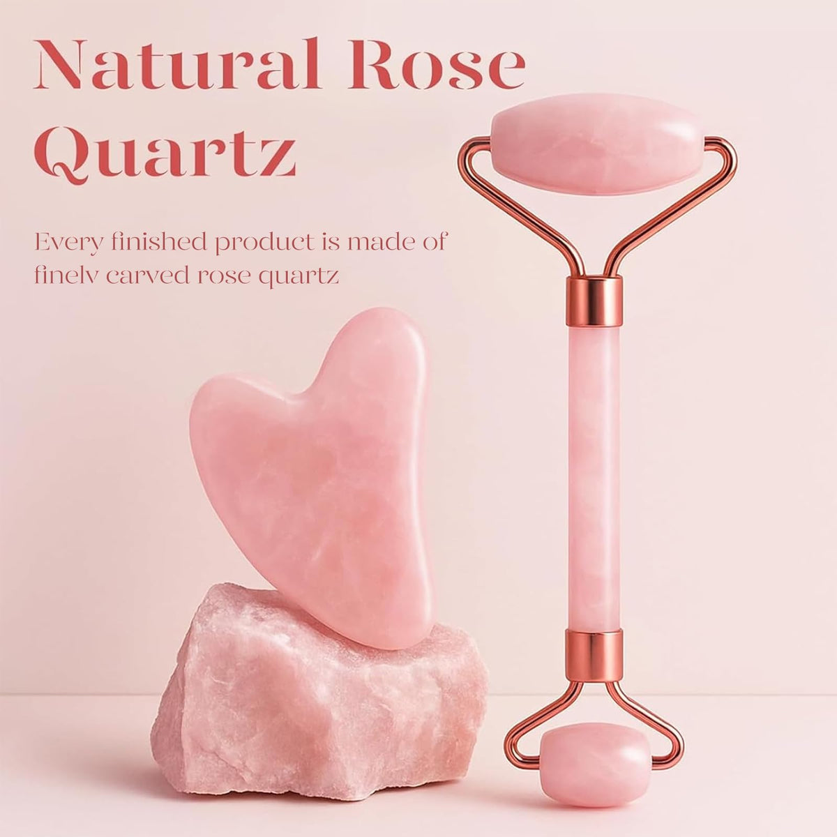 BAIMEI close-up of rose quartz roller texture and metal frame for smooth, cooling massage