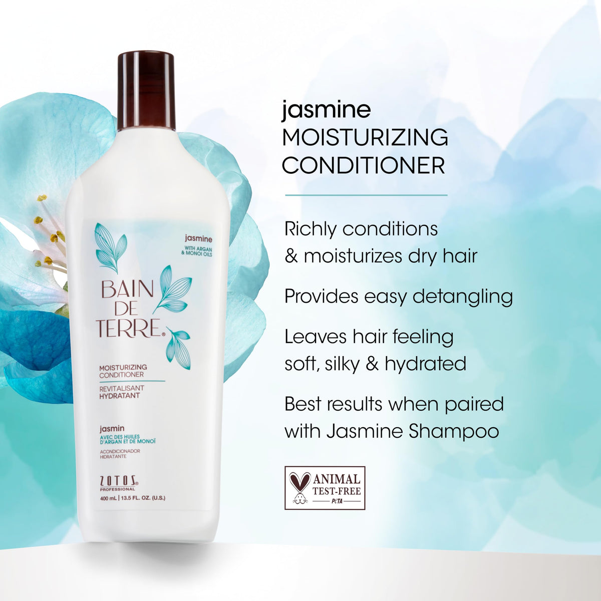 Bain de Terre bottle back label with ingredients and color-safe claim