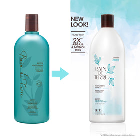 Bain de Terre label and pump close-up highlighting ingredients and ease