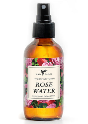 Baja Basics front packaging showing clean rose water bottle and calming benefit