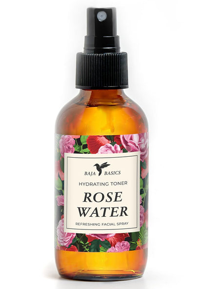 Baja Basics front packaging showing clean rose water bottle and calming benefit