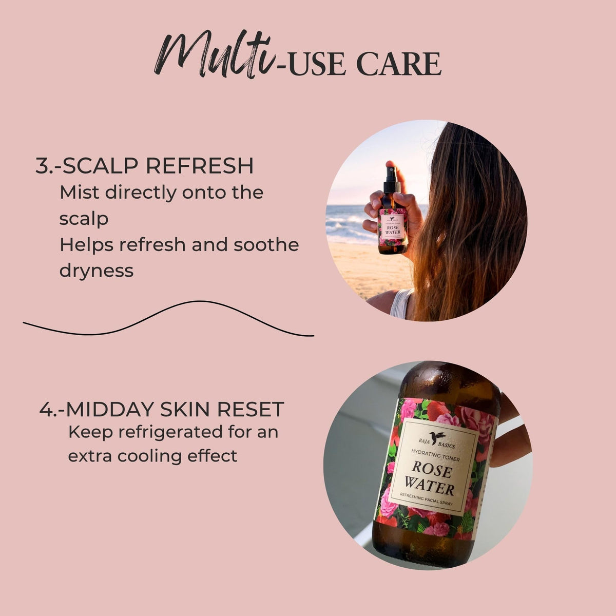 Baja Basics bottle on bathroom counter illustrating toner routine convenience
